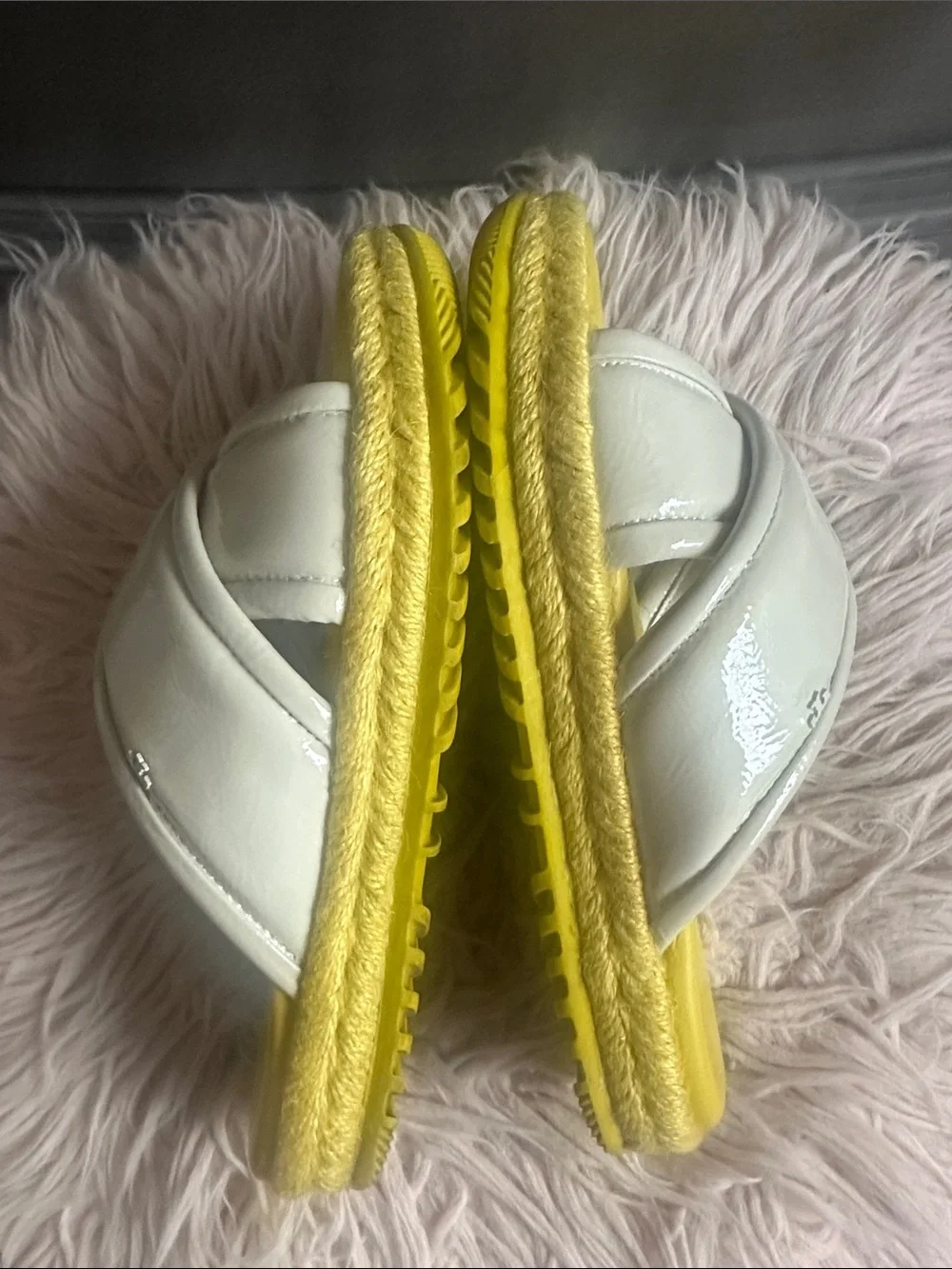 Tory Burch White Patent Crisscross Slide Sandals with Yellow Footbed